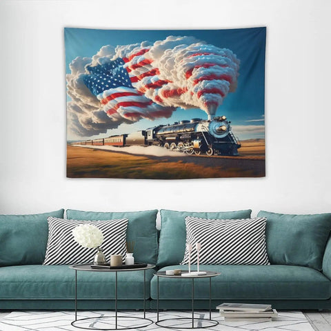 American Steam Train Tapestry With Dope Star Spangled Smoke And Flag Design Locomotive Wall Hanging for Living Room 40x30 Inches