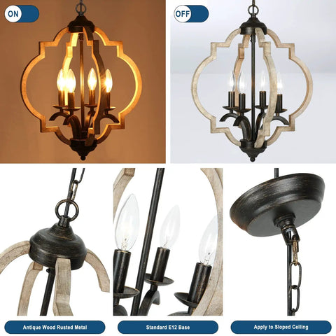 Farmhouse Orb Chandelier With 4 Lights, Handmade Distressed Wood And Rusty Metal Fixture, Openwork Quatrefoil Design