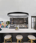 Black One Ring LED Chandelier Dimmable Modern Pendant Light for Kitchen Island, sleek black circular design over kitchen space
