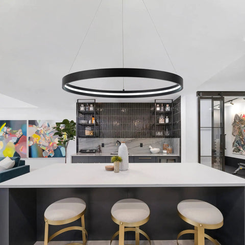 Black One Ring LED Chandelier Dimmable Modern Pendant Light for Kitchen Island, sleek black circular design over kitchen space
