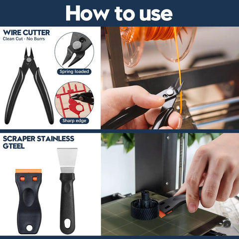 46-piece 3D printer tools kit with black-handled pliers, wire cutter, scraper, files, brushes, engraving knife.