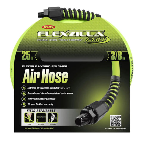 Tough As Nails Pro Air Hose Three Eighth Inch By 25 Feet Heavy Duty Lightweight Hybrid Polymer Zero Kink Construction.