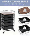Five Tier Rolling Storage Cart With Wood Top On Wheels For Home Office Classroom Craft Room And Kid Room Mobile Drawer Trolley With Two Big Drawers And Three Small Drawers Black, showing dimensions and drawer capacity