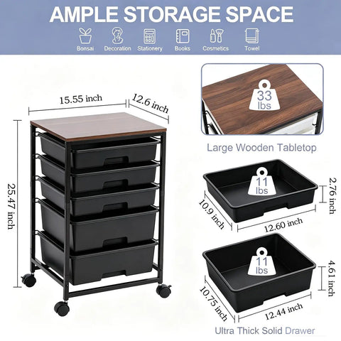 Five Tier Rolling Storage Cart With Wood Top On Wheels For Home Office Classroom Craft Room And Kid Room Mobile Drawer Trolley With Two Big Drawers And Three Small Drawers Black, showing dimensions and drawer capacity