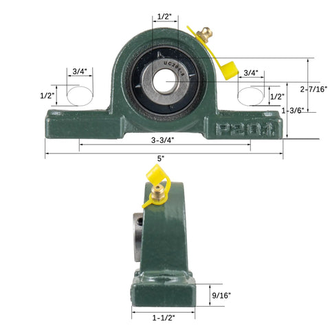 Four Pack Pillow Block Mounted Ball Bearings With One Half Inch Bore Self Aligning UCP201 8 Heavy Duty For Gearhead Shop Use 125 mm By 60 mm Block 95 mm Center To Center Hole Spacing Pre Lubricated Shop Ready, green pillow block bearing dimensions