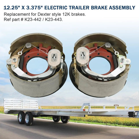 Rock Solid Pair Of Electric Trailer Brakes For 12 By 5 Hub Fit 12000 Lb Axles With 7 Bolt Flange Self Adjusting Heavy Duty Gear close-up view of brake assembly.