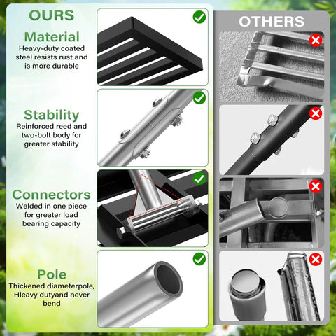 Comparison of Extra Wide Lawn Leveler Rake With Heavy Duty Yard Leveling Tool showing material, stability, connectors, pole.