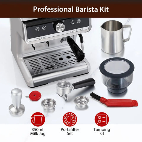 No Cap Best 20 Bar Espresso Machine With Built In Grinder And Stainless Steel Milk Frother For Creamy Cappuccinos Featuring 58 Mm Commercial Style Portafilter And Two Liter Reservoir For Home Office Brewing with barista tools and components.