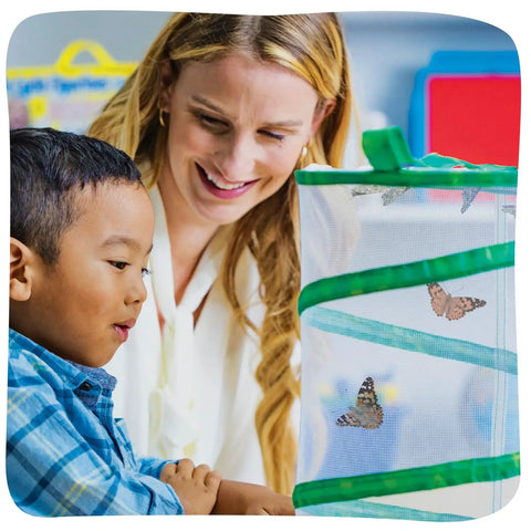 Child and teacher observing Raise And Release Butterfly Garden Kit For Kids And Classrooms With Caterpillar Habitat Voucher
