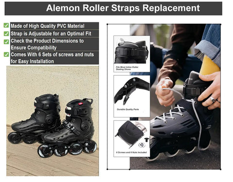 2 Pack Inline Skate Buckle Replacements With Energy Straps Screws And Nuts Universal Fit shown with skates and parts