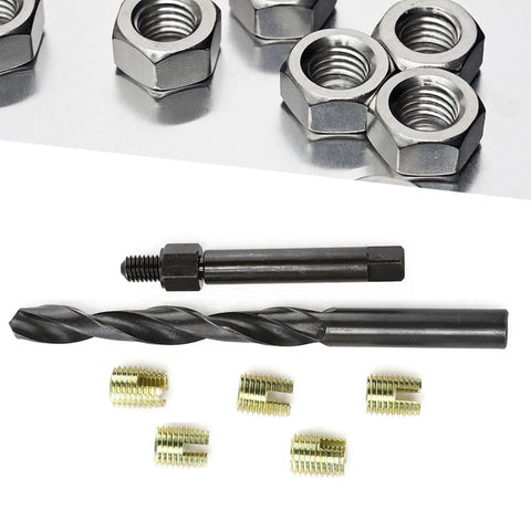 12 Piece M8 By 1.25 Thread Repair Kit With Self Tapping Inserts For Automotive, Military, Home Appliances, Engineering Plastics, And Die Castings, Built Tough To Stop Loosening And Resist Vibration, carbon steel inserts and tools