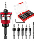 Top Shelf Countersink Drill Bit Set With Adjustable Depth Stop And Ball Bearing Guide For Woodworking 5 Piece Tungsten Carbide Cutters in case.