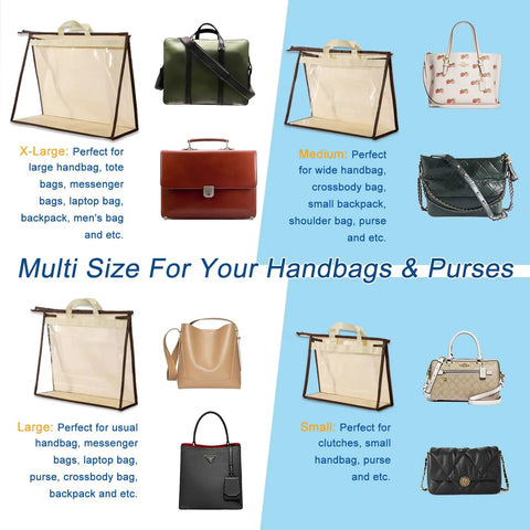 Clear Purse Storage Bags 8 Pack Hanging Zipper Organizers For Handbags And Purses 4 Size Set with various purses displayed
