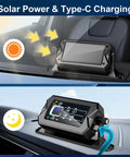 Ride-Ready TPMS For RV, Truck, And Trailer With 6 Sensors, 0-217 PSI, Bright 3-Level LCD Display And Time Display, Type-C And Solar Charging, 2-Minute Setup, 7 Smart Alerts For Pressure, Temperature, Leaks, Sensor Fault, And Battery, IP68. solar and Type-C charging display
