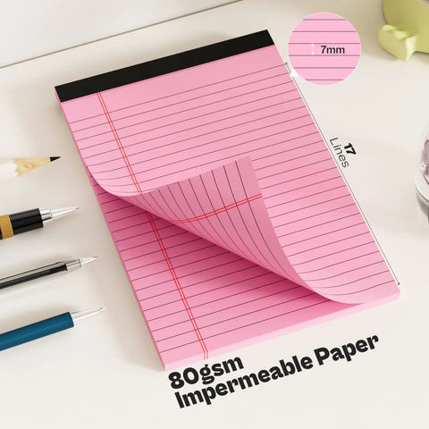 Close-up of pink 5x8 inch college ruled notepad with page flipping, showing 17 lines and details, 80gsm paper, ideal for notes.