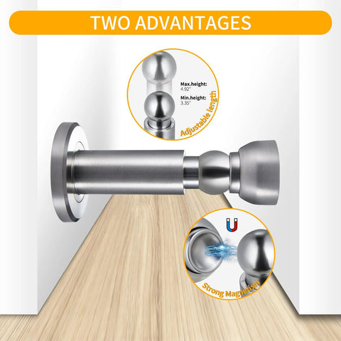 Heavy Duty Magnetic Door Stopper For Wall And Bottom Of Door With Adjustable Height From 3.15 To 4.8 Inches Windproof Anti Slip Stainless Steel SUS304 One Piece Construction Durable Premium Door Hardware For Home Office And Commercial Use showing side view and magnetic feature.