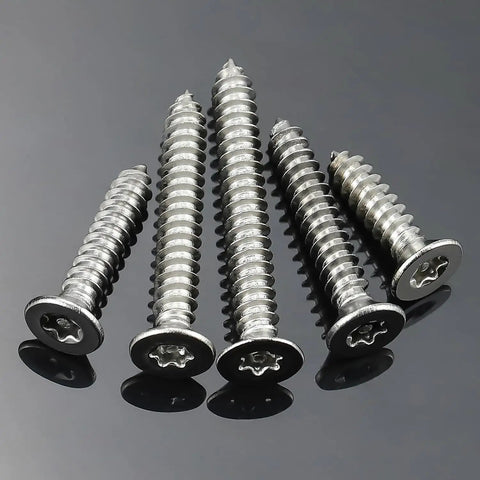 Fifty Pack M5 X 35mm Countersunk Tamper Resistant Torx Security Screws 304 Stainless Steel on a reflective surface.