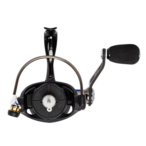 Front view of Bolt 2000 Spinning Reel with 6.0 to 1 gear ratio, 9 plus 1 bearings, lightweight graphite frame, and black finish.