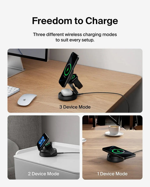 MagSafe Ready 3 In 1 Qi2 15W Wireless Charger Station on desk charging iPhone, Apple Watch, AirPods in different modes