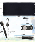 Golf Towel And Club Brush Set With Clip 16x24 Microfiber Towels Two Black Towels Plus Retractable Zip Line Brush And Heavy Duty Divot Tool For On Course Club Cleaning Kit image showing towel, brush, and tools with dimensions