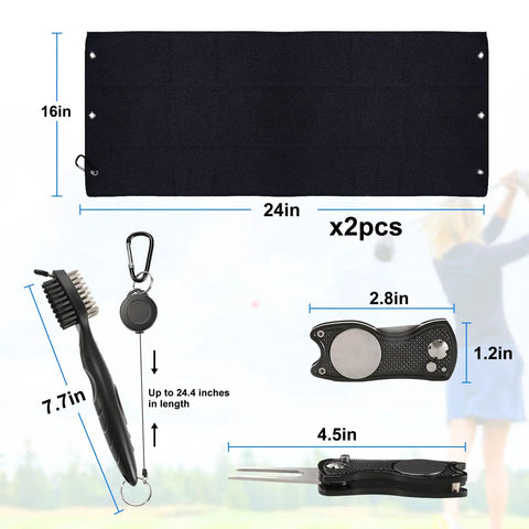 Golf Towel And Club Brush Set With Clip 16x24 Microfiber Towels Two Black Towels Plus Retractable Zip Line Brush And Heavy Duty Divot Tool For On Course Club Cleaning Kit image showing towel, brush, and tools with dimensions