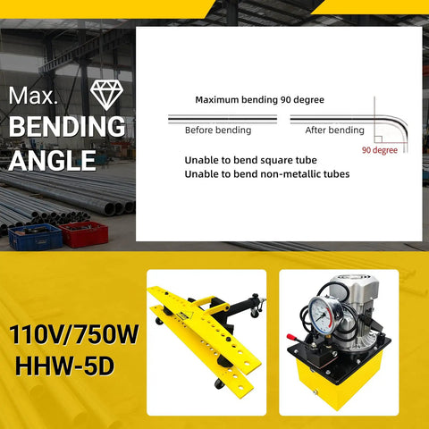 Heavy Duty Electrohydraulic Pipe Bender Machine For Steel Copper Round Tubes With Roller Hydraulic Design Bends 0.9 To 4.5 Inch Diameter Pipes Includes 10 Dies For 110V Power Smooth Professional Grade Tube Forming Tools display showing maximum bending angle of 90 degrees.