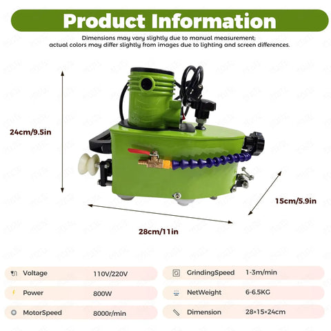 Heavy Duty Handheld Glass Edge Polisher With Ten Grinding Wheels And 8000 RPM dimensions shown with specifications for power and speed.