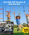Children playing on 50 Ft Ninja Warrior Obstacle Course Swing Set With Slackline And Saucer Swing For Backyard Epic Playtime