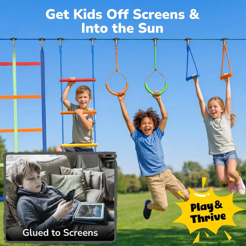 Children playing on 50 Ft Ninja Warrior Obstacle Course Swing Set With Slackline And Saucer Swing For Backyard Epic Playtime