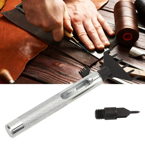 Hands using Leather Chisel Kit With Replaceable Blades And Belt Punch Set on brown leather with tools and accessories visible.