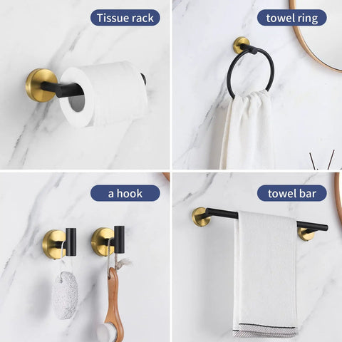 5 Piece Black Gold Bathroom Hardware Set with 16 Inch Towel Bar, Towel Ring, 2 Towel Hooks, and Toilet Paper Holder