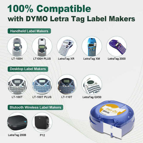 Image showing Black On White Half Inch Fabric Iron On Label Tape Set 3 Pack, compatible with Dymo LetraTag printers and models.