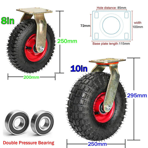 Heavy Duty Rubber Caster With 450 Pounds Load Capacity For Industrial Jobs Featuring Hella Smooth Shock Absorbing Inflatable Wheels.