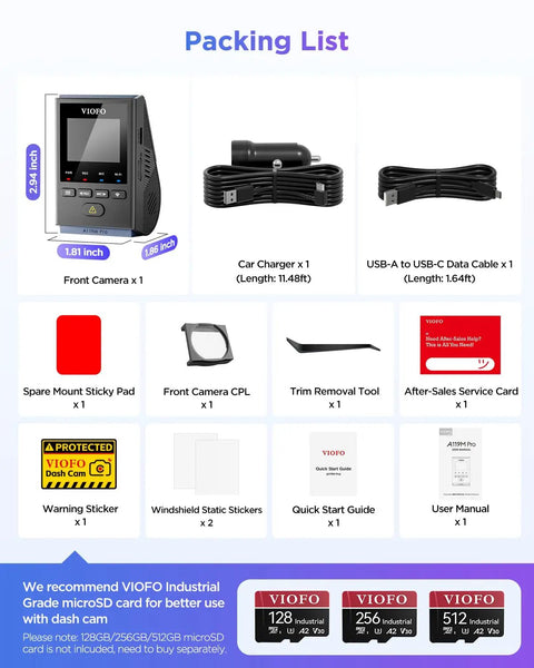 Packing list of A119M Pro Slick 4K HDR Mini Dash Cam With STARVIS 2 IMX678 Sensor Front Car Cam WiFi 6 and accessories.