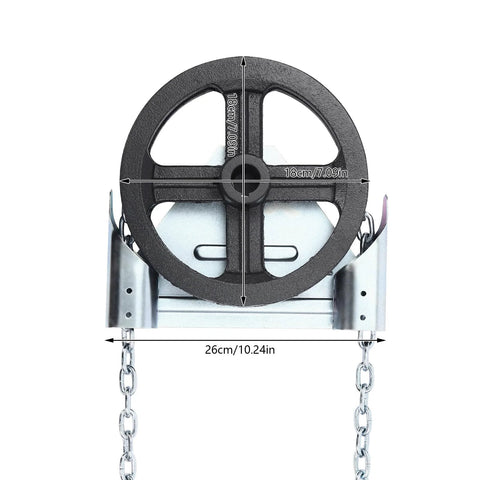 Garage Door Jackshaft Chain Hoist 1 To 1 Reduced Drive, 331 Lbs Capacity, durable iron pulley close-up, compatible with roll up doors
