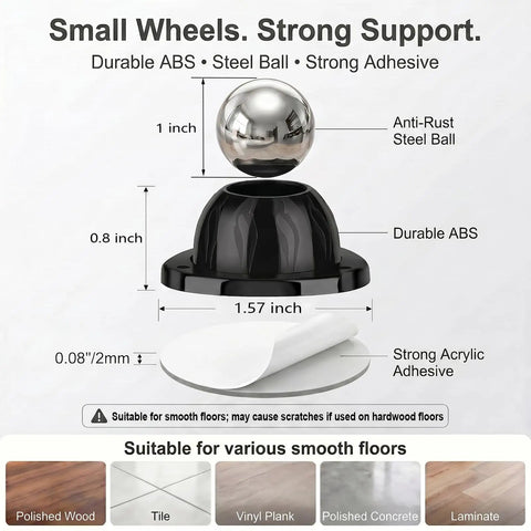 Black Self Adhesive Caster Wheels Four Pack Low Profile Swivel Rollers with steel ball, measuring 1 inch and strong adhesive for smooth surfaces.