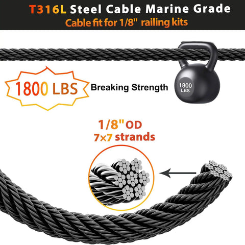 Marine Grade T316L Stainless Steel Cable 220 Foot Black Wire Rope One Eighth Inch 7 by 7 Strands for Stair Fence Deck Cable Railing System Comes With Wire Cutter showing 1800 lbs strength and 7x7 structure.