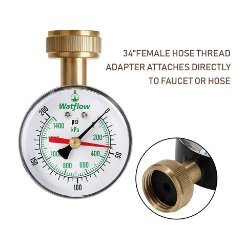 Garden Hose Pressure Gauge 0 To 200 Psi Drag Pointer Two And A Half Inch Dial Three Quarter Inch Female Thread Easy Read For Home Irrigation And House Water Lines Brass Inside Steel Case, front view