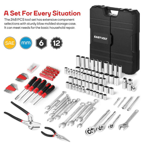 248 Piece Mechanics Tool Set With Sockets And Wrenches, Ultimate Must Have Go To Home And Auto Repair Kit With Durable Storage Case, Chrome Vanadium Forged Tools, Anti Corrosion Finish, Meets New ANSI And ASME Standards