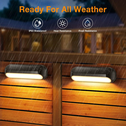 4 Pack Solar Outdoor Lights With RGB Color Changing And Warm White Modes For Deck, Fence, Yard, Wall, Stairs, Pool And Patio Decor, Waterproof LED Solar Powered Night Lights illuminating wooden fence in rain.