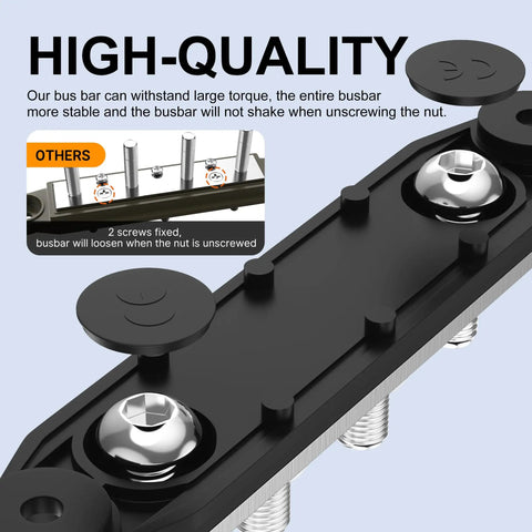 Upgraded Heavy Duty Copper Bus Bar And Power Distribution Block Pair design showcasing secure mounting with dual screws and covers.