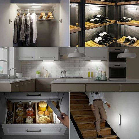 3 Pack Wireless LED Closet Lights With Motion Sensor, 38 LEDs illuminating clothes, shelves, kitchen, drawers, and stairs