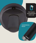Lid and handle details of 16 Oz Licorice Vacuum Insulated Stainless Travel Mug With Leak Proof Lid Keeps Drinks Hot Up To 6 Hours