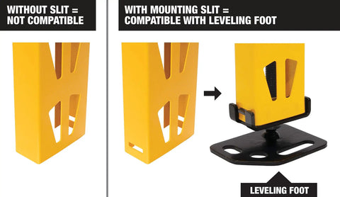 Heavy Duty Adjustable Leveling Mounting Plates For Industrial Storage Racks showing compatible yellow mount with leveling foot.