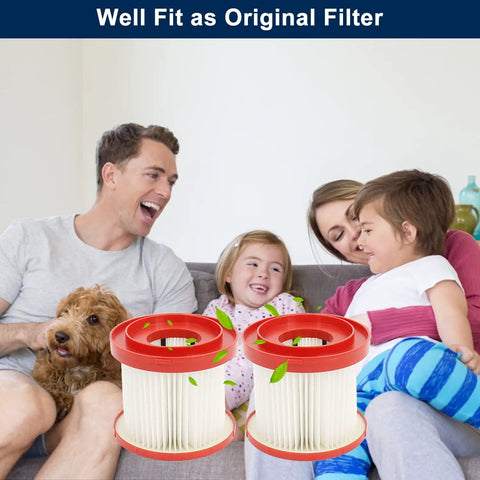 Family with dog and children sitting on couch, next to Milwaukee M18 Vacuum Filter 49 90 1900 Replacement Two Pack