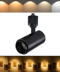 Black LED track light with five color settings, shown with lighting effect, 12W, H style. Five Color LED Track Lighting Heads Dimmable 12W Adjustable Beam 15 To 60 Degree Range 2700K 3000K 3500K 4000K 5000K H Style Ceiling Track Lighting Heads Black Six Pack For Living Rooms Kitchens Galleries And Retail Spaces All In One Ambiance Builder.