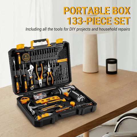 Sweet Cordless Drill Tool Set Kit With 12V Battery Quick Charge 800 RPM Electric Drill Driver For Home DIY Furniture Assembly And Repairs Lightweight Portable Case in open toolbox showing full toolkit.