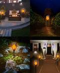 Four Pack Solar Tiki Torch Lights outdoor setup in a backyard, highlighting IP65 waterproof design, brighter bulbs illuminating pathways.
