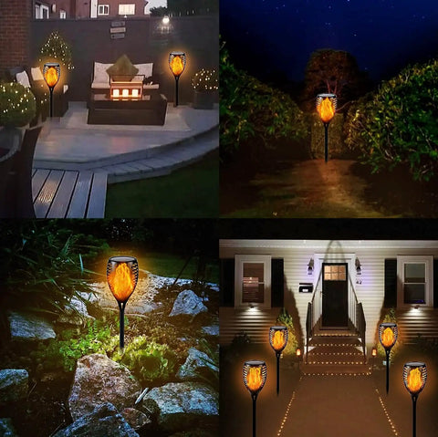 Four Pack Solar Tiki Torch Lights outdoor setup in a backyard, highlighting IP65 waterproof design, brighter bulbs illuminating pathways.