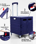 Grab And Go Foldable Utility Cart With Lid On Wheels featuring retractable handle, sliding lock, portable lid, and 360° wheels